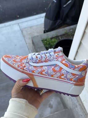Vans Platform Sneakers in Orange, Purple and White - UV Activated Peace Signs